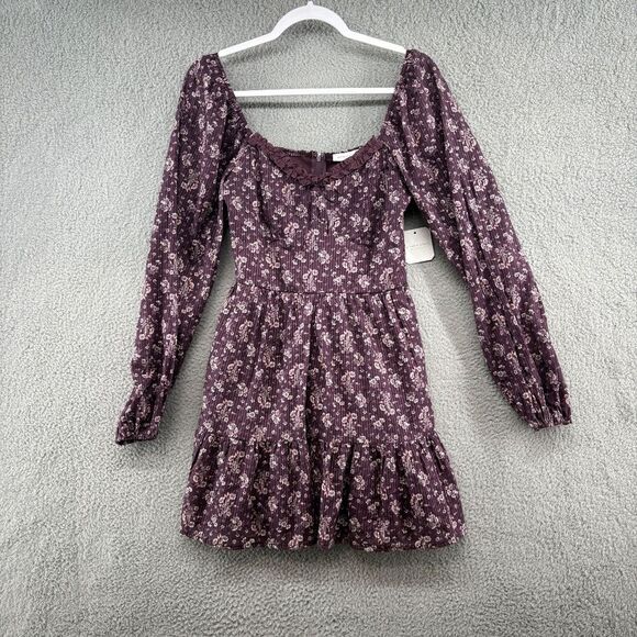 Altar’d State Floral Boho Cottagecore Mini Dress Purple Wine Long Sleeve Small - Picture 3 of 12